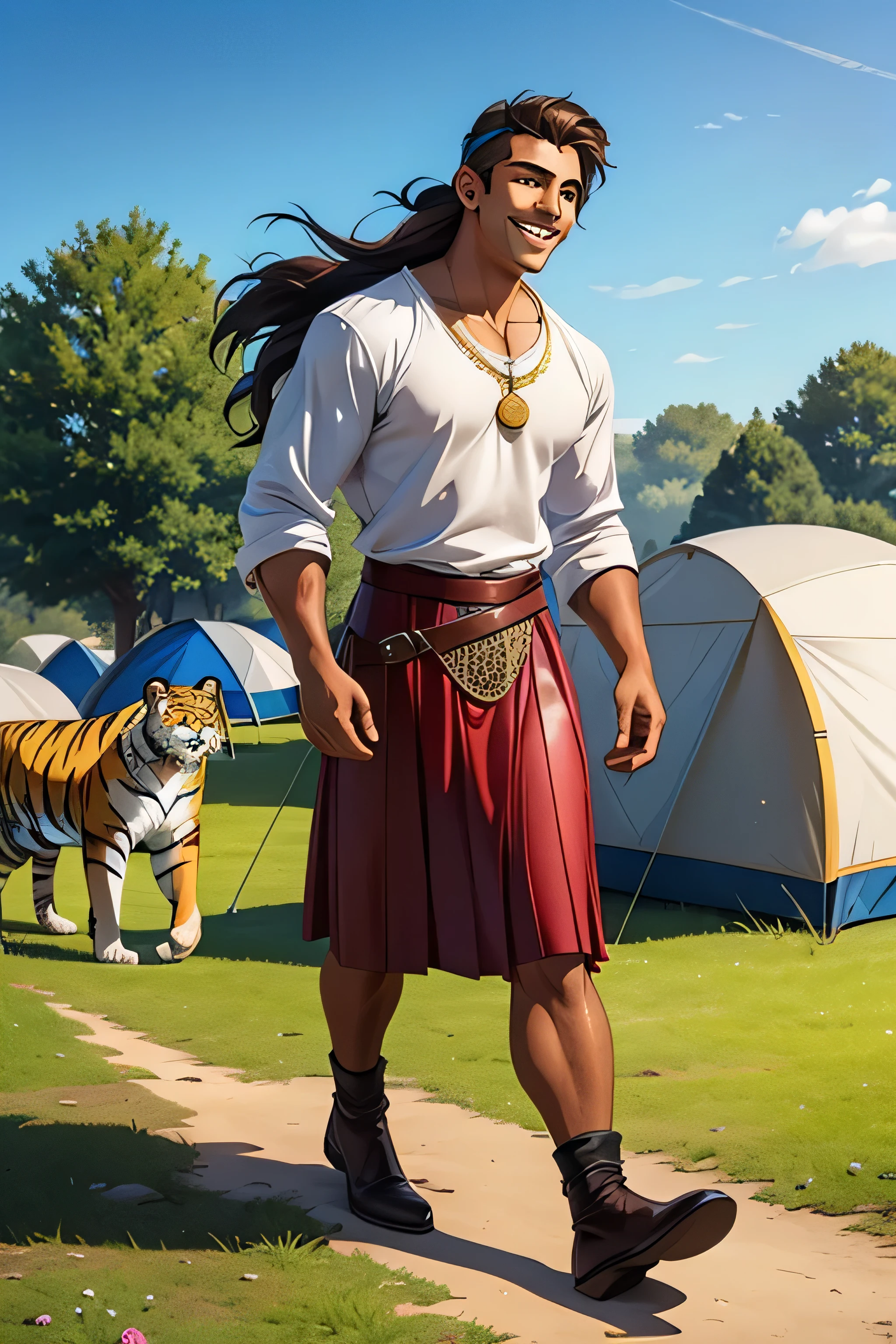 A (((medieval time))). A young ((man)), light-brown skin, handsome, cheerful pretty happy face, long black hair, (muscular), wearing a long brown leather skirt, standing up, playing a flute, beside a (very big tiger). The tiger is laying on the ground beside the man. A large gypsy camp with colourfull tents on the background. (People walk on the background), merchants, a woman carrying a jug of water on her head in the back of the scene.