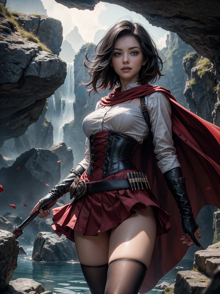 (masterpiece,stunning girlfriend, (standing:1.1), dynamic pose, heart shaped face,elegant face, beautiful face, highly detailed face, highly detailed skin, skin pores, subsurface scattering, realistic pupils, loving smile, looking at viewer, full lips, detailed background, depth of field, atmospheric perspective, volumetric lighting, sharp focus, absurdres, realistic proportions, good anatomy, (realistic, hyperrealistic:1.4), 16k hdr, 1girl,atlasrose, (short black hair), gradient hair, grey eyes, red cape, white shirt, pantyhose, belt, red skirt, corset, thigh boots, fingerless gloves,masterpiece,best quality,extremely detailed, rose petals, wind, evening, stars, standing, in cave entrance, undergound pool, rocks