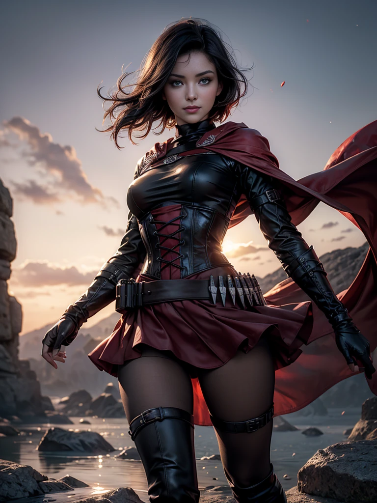 (masterpiece,stunning girlfriend, (standing:1.1), dynamic pose, heart shaped face,elegant face, beautiful face, highly detailed face, highly detailed skin, skin pores, subsurface scattering, realistic pupils, loving smile, looking at viewer, full lips, detailed background, depth of field, atmospheric perspective, volumetric lighting, sharp focus, absurdres, realistic proportions, good anatomy, (realistic, hyperrealistic:1.4), 16k hdr, 1girl,atlasrose, (short black hair), gradient hair, grey eyes, red cape, white shirt, pantyhose, belt, red skirt, corset, thigh boots, fingerless gloves,masterpiece,best quality,extremely detailed, rose petals, wind, evening, stars, standing, in cave entrance, undergound pool, rocks