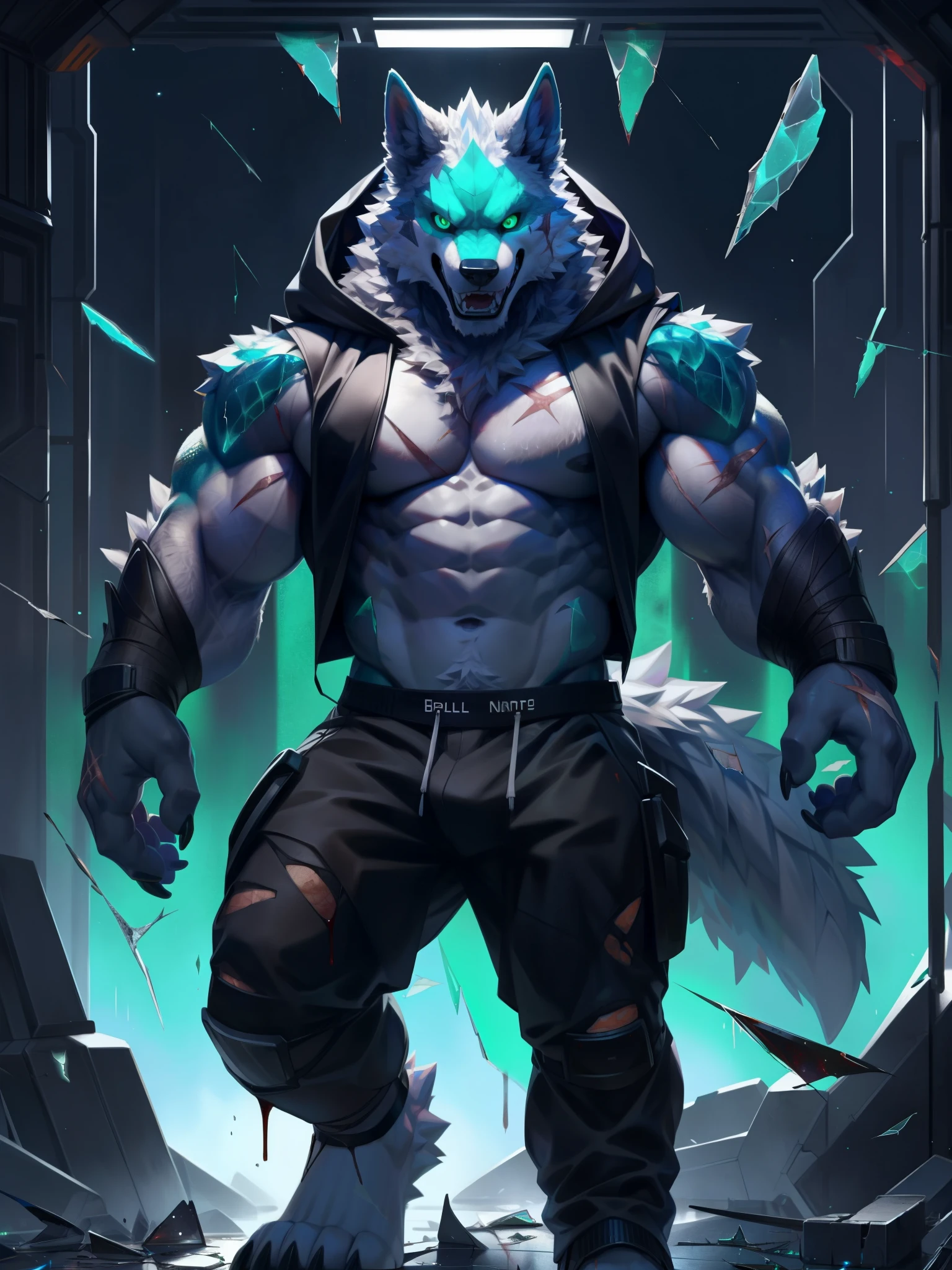 solo,anthro,furry,furry male, wolf,((fluffy fur,fluffy,furry body)), scars, Wolf print), Teal body, lime green glowing eyes, black sclera, tail, detailed fluffy fur,detailed face, detailed eyes, grey chest, beige abs,(huge pectorals:1.1), (sword), holding a glowing saber, red hoodie, hood up, sleeveless, ripped clothes, blood, sweatpants, blue sweat pants, drawstring,full body, claws, cyberpunk, glowing Chest, green glowing scar, (by null-ghost,by raccoon21, masterpiece, high quality, absurd res, hi res, 8k hd), standing, close-view portrait, ((looking at viewer, night, indoor, black clothes, menacing, teeth, angry, insane, open mouth, (broken glass:1.3), Dark synth wave,