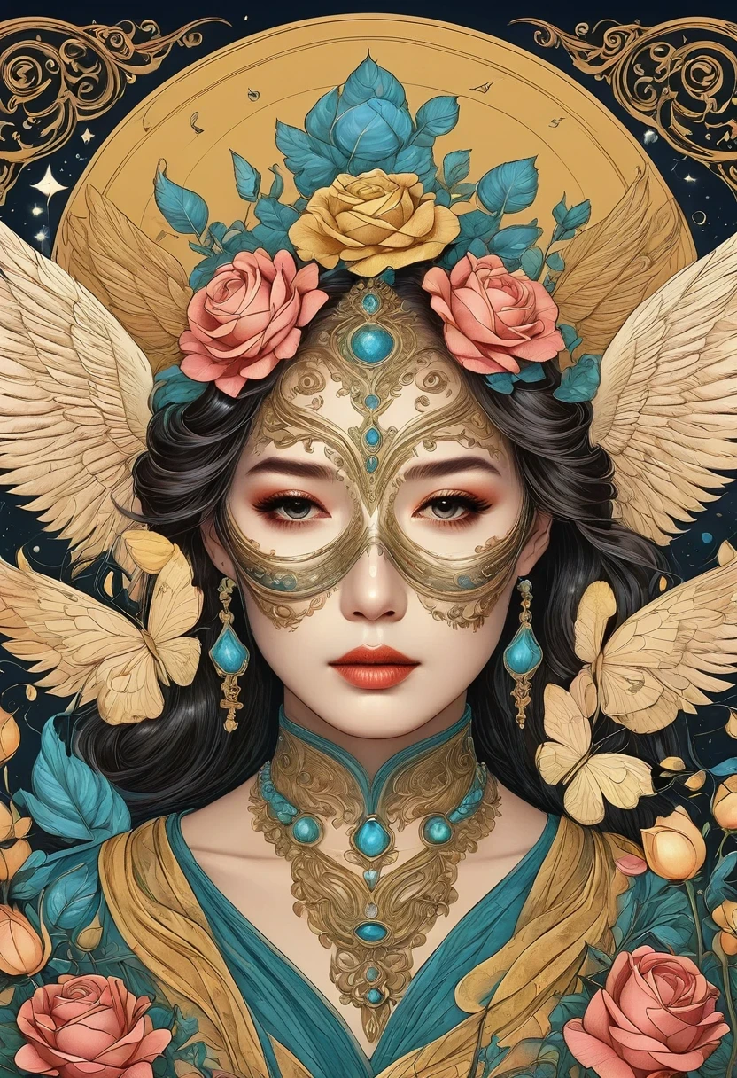 (tarot cards:1.3),(tarot cards border:1.5),Rose,mask, Angel-like beautiful woman, singing and dancing, Rose petals, Mexican decoration, God, Angel,
Vector plane, Kaneko, Black,
Aaron Hawkey,
masterpiece, ultra high resolution, high quality, vector art