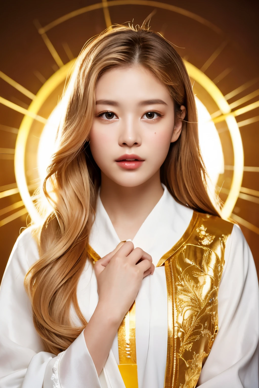 ((highest quality)), ((masterpiece)), (be familiar with), This perfect image、Portrait of a young woman with golden hair、She has a calm yet intense gaze.。Her clothing resembles that of a church sister, with a high-collared robe or uniform embroidered with gold.、It gives off an atmosphere of royalty or some kind of sacredness.。I pray with my hands folded in front of my chest.、The background is bright and shiny、It has a halo-like effect that emphasizes the head.、Emphasizes celestial or otherworldly themes。
9：Create an image with 16