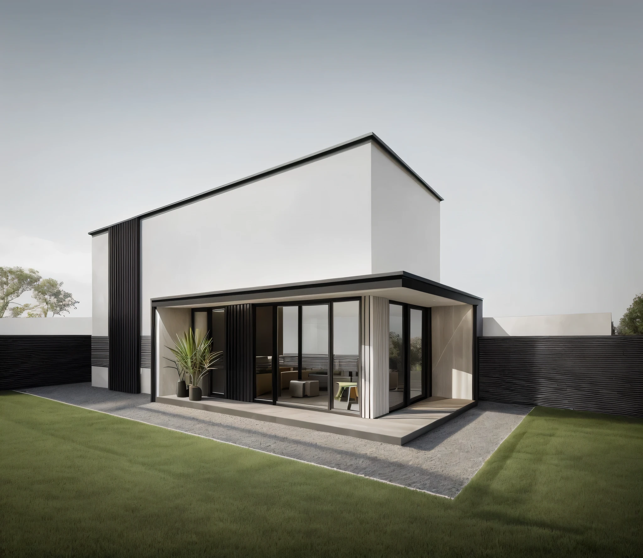 PLATFORM KTHOUSE, ((1 INDUSTRY house:1.5)), Industry-like materials:1.3, 1large grass yard:1,5, 1 road runs in front of the house:1.8, (((VERTICAL WALLs was covered by white color))), (RAW photo, real, best quality, masterpiece:1.2), look morden minimalist, 1 road in front of the house, dynamic lighting:1.3, (hyper realistic, photo-realistic:1.2), high quality, (dark lighting:1.2), perfect lighting, archdaily, no human