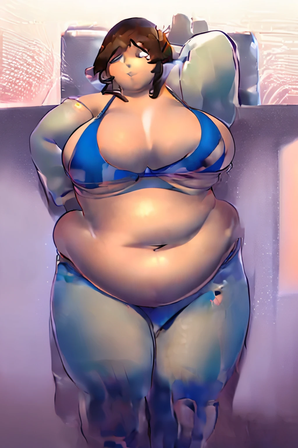 (masterpiece:1.2, best quality:1.2, beautiful:1.1, high quality, 4k:1.1, aesthetic), detailed, extremely detailed, 1girl, solo, bikini, big breasts, plump, thick thighs, arms at sides, brown hair, chubby belly. fat belly. wide hips.