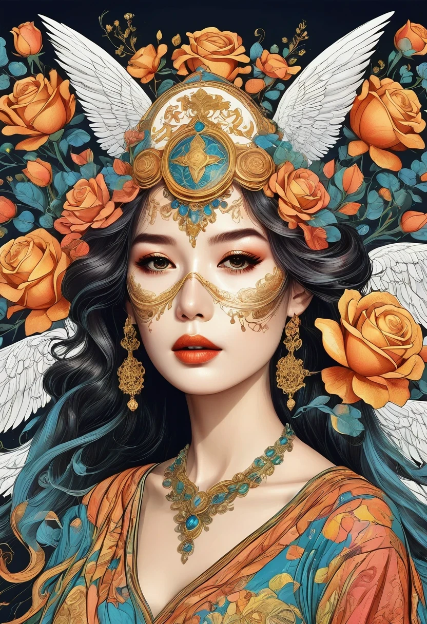 (tarot cards:1.3),(tarot cards border:1.5),Rose,mask, Angel-like beautiful woman, singing and dancing, Rose petals, Mexican decoration, God, Angel,
Vector plane, Kaneko, Black,
Aaron Hawkey,
masterpiece, ultra high resolution, high quality, vector art