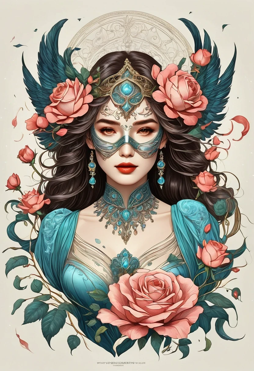(tarot cards:1.3),(tarot cards border:1.5),Rose,mask, Angel-like beautiful woman, singing and dancing, Rose petals, Mexican decoration, God, Angel,
Vector plane, Kaneko, Black,
Aaron Hawkey,
masterpiece, ultra high resolution, high quality, vector art