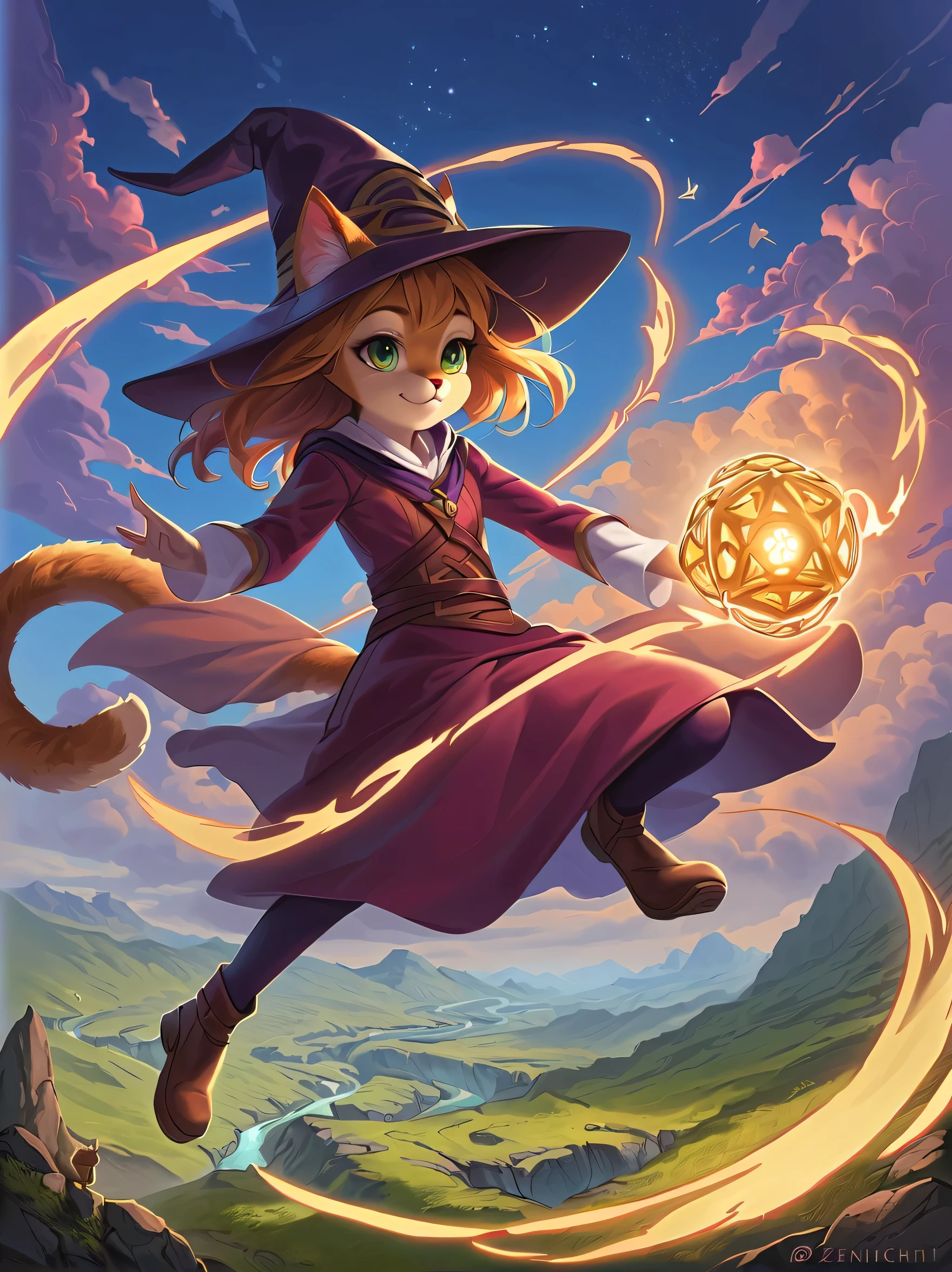 anthropomorphic cat:1 girl:cat ears:cat tail,fluffy,smooth fur,perfect face,cute,Use of magic,Magic Effects,anatomically correct,(masterpiece, highest quality:1.2),masterpiece,highest quality,best masterpiece,8K,,Wind,fantasy,,wonderful,, Mysterious, charm, Whimsical, playful, adventurous, free, wonder, imagine, decide, skill, speed, movement, energy, realism, naturalistic, figurative, represent, beauty, fantasy culture, myth, fairy tale, folklore, Legend, witch, wizard, Magical creatures, fantasy worlds, composition, scale, Zenikichi, midway point, background, perspective, light, color, texture, get used to it, beauty, wonder.