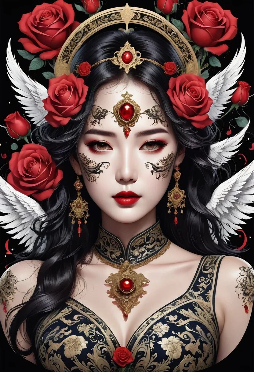 (tarot cards:1.3),(tarot cards border:1.5),scepter,Blood,Rose,mask,Minimalism,flyers, Angel-like beautiful woman, singing and dancing, Rose petals, Mexican decoration, God, Angel,
Vector plane, Kaneko, Black,
Aaron Hawkey,
masterpiece, ultra high resolution, high quality, vector art