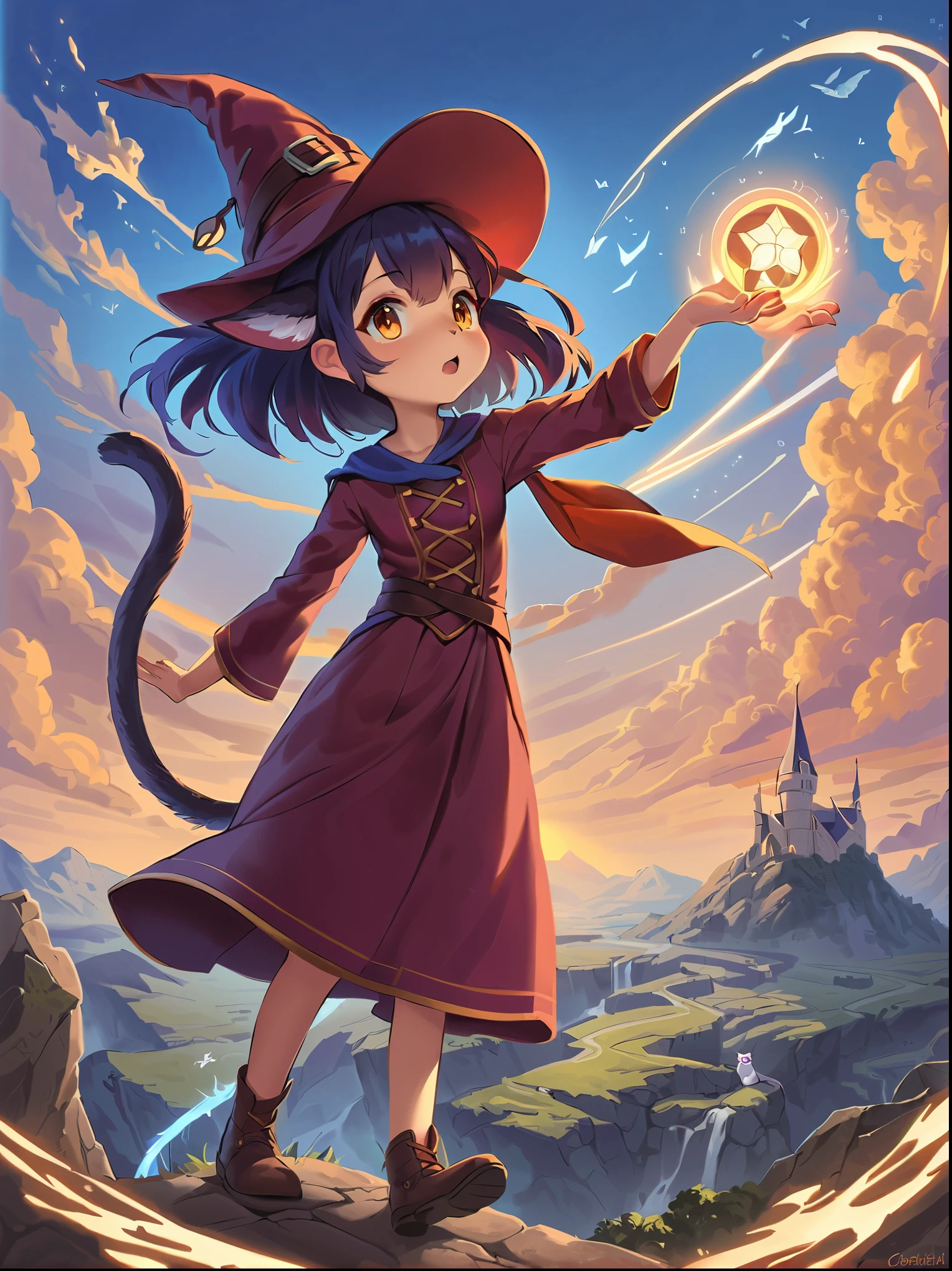 1 girl:Cat:Catの耳:Catの尻尾,perfect face,cute, Use of magic,Magic Effects,anatomically correct,(masterpiece, highest quality:1.2),masterpiece,highest quality,最高masterpiece,8K,,Wind,fantasy,,wonderful,, Mysterious, charm, Whimsical, playful, adventurous, free, wonder, imagine, decide, skill, speed, movement, energy, realism, naturalistic, figurative, represent, beauty, fantasy culture, myth, fairy tale, folklore, Legend, witch, wizard, Magical creatures, fantasy worlds, composition, scale, Zenikichi, midway point, background, perspective, light, color, texture, get used to it, beauty, wonder.