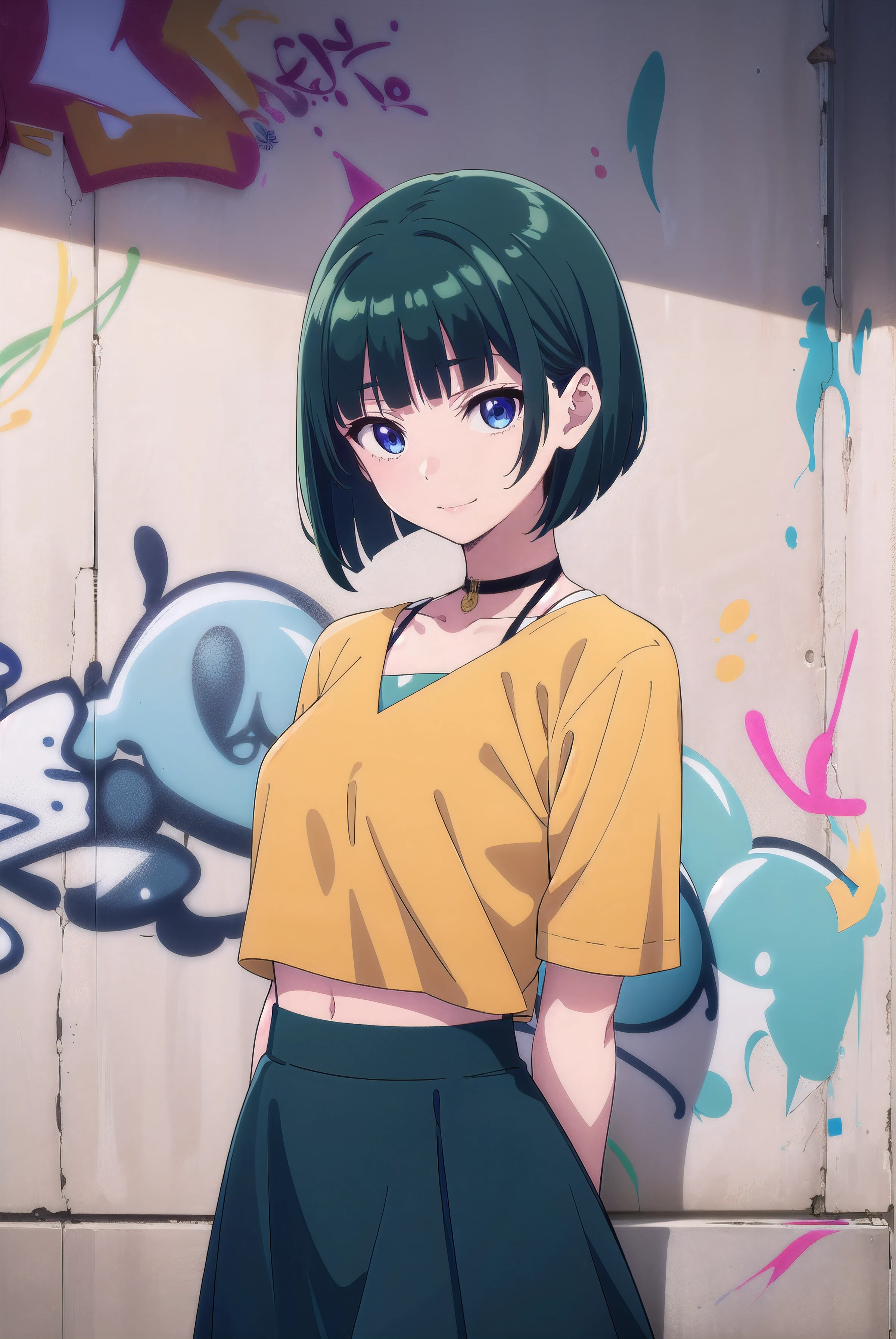 masterpiece, best quality, 1girl, solo, stylish crop top, smile, vibrant short green hair, bobhair, short-hair, short bob hair, (((bobcut))), bob haircut, very short bob cut, lip length hair, blunt ends, (sciled bob), buzzed nape ((haircut:1.3)), undercut, bobbed hair, minibob, sidecut, shaved, blue eyes, graduation bob, straight short hair, short hair above the ears, Shot diagonally from the side, elegant braid, soft bangs, upper body, alluring choker, (graffiti:1.5), artistic paint splatter, seductive arms behind back, leaning against wall, exposed back, fashionable armband, urban hiphop style, flirty skirt, playful head tilt, intense expression, warm orange, dynamic asymmetrical design, bold geometric shapes, creative street art