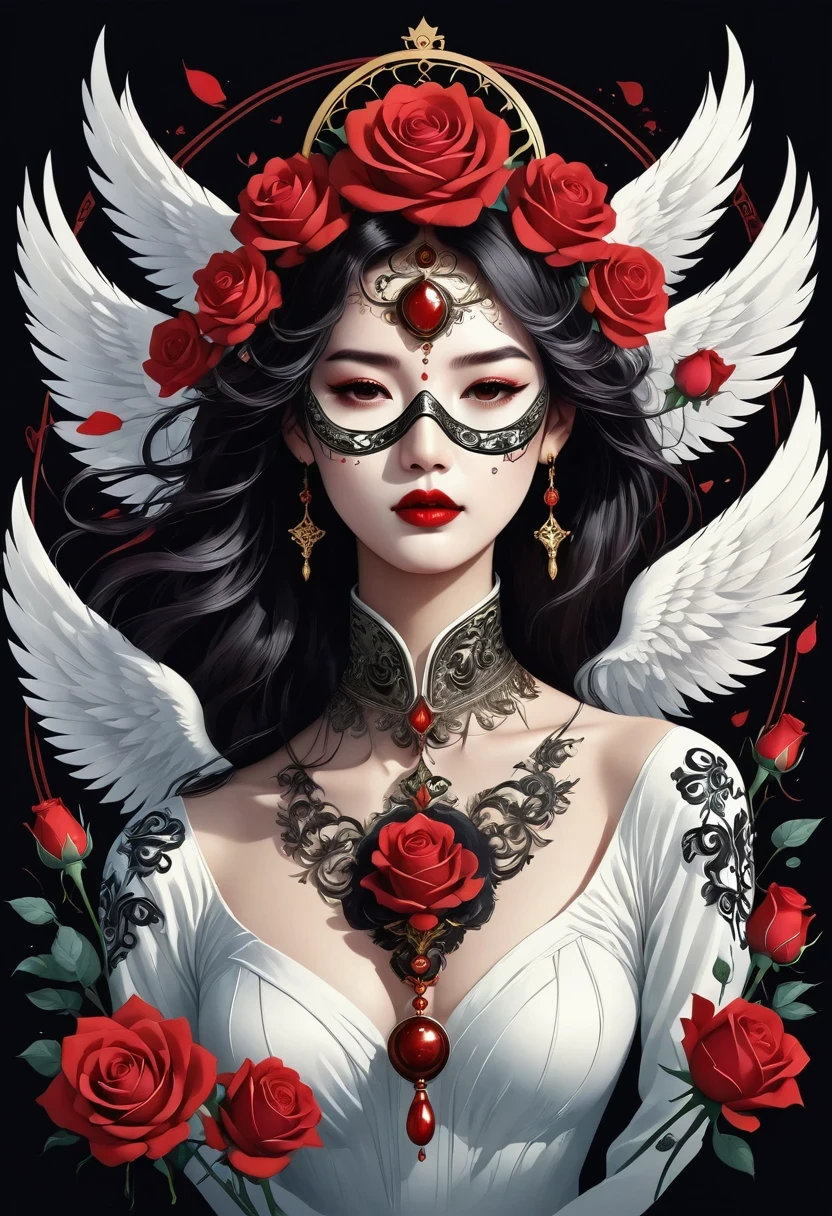 (tarot cards:1.3)，(tarot cards border:1.5)，scepter，Blood，Rose，mask，Minimalism，flyers, Angel-like beautiful woman, singing and dancing, Rose petals, Mexican decoration, God, Angel,
Vector plane, Kaneko, Black, 
Aaron Hawkey, 
masterpiece, ultra high resolution, high quality, vector art