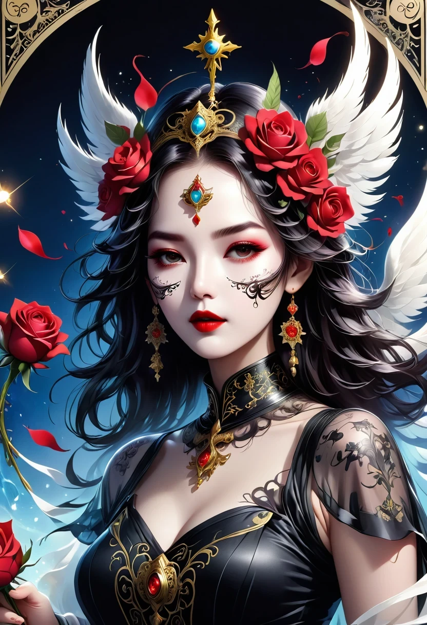 (tarot cards:1.3)，(tarot cards border:1.5)，scepter，Blood，Rose，mask，Minimalism，flyers, Angel-like beautiful woman, singing and dancing, Rose petals, Mexican decoration, God, Angel,
Vector plane, Kaneko, Black, 
Aaron Hawkey, 
masterpiece, ultra high resolution, high quality, vector art