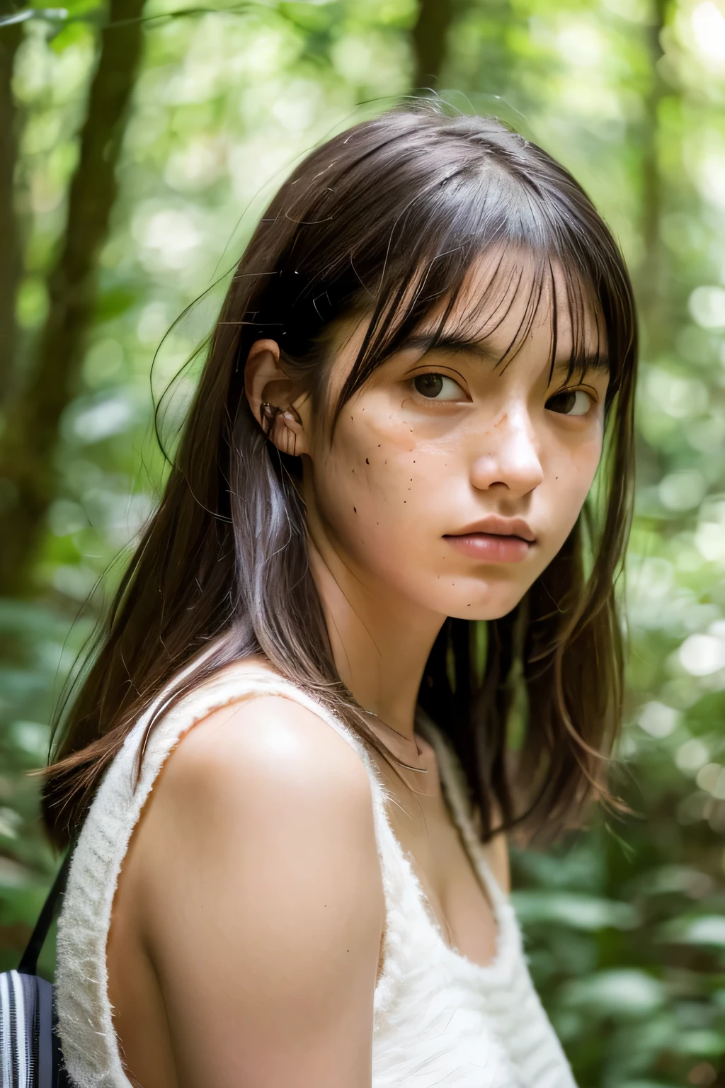 raw, a photo of a seductive ager with loose styled, (brunette hair), bored, she is wearing a cotton dress, in a forest, felt on the ground, showing her transparent panty, focus on her groint, mascara, fullbody shot, (textured skin, skin pores:1.1), (moles:0.8), imperfect skin, goosebumps, flawless face, (light freckles:0.9), (sun-kissed:1.1), ((photorealistic):1.1),