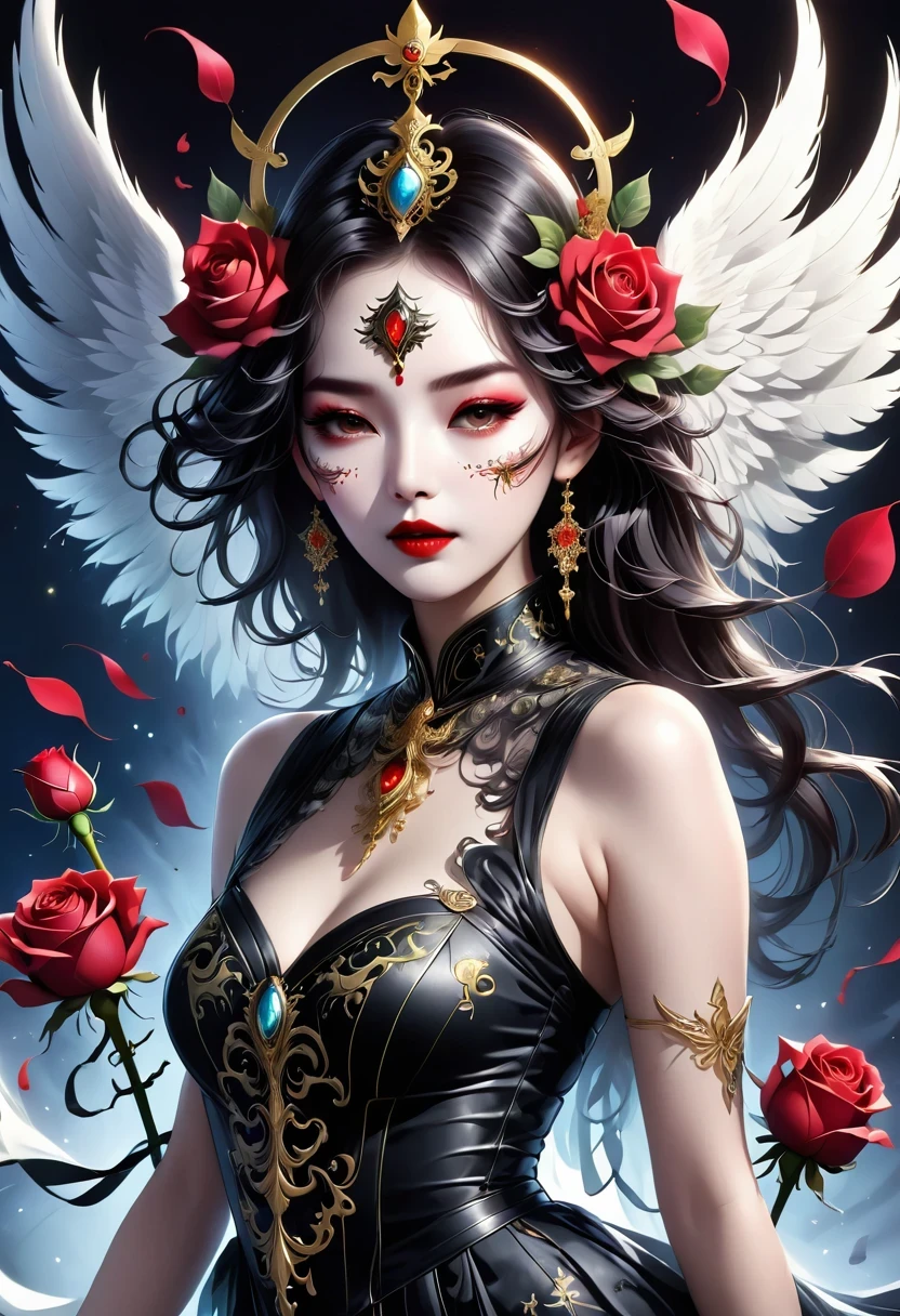 (tarot cards:1.3),(tarot cards border:1.5),scepter,Blood,Rose,mask,Minimalism,flyers, Angel-like beautiful woman, singing and dancing, Rose petals, Mexican decoration, God, Angel,
Vector plane, Kaneko, Black,
Aaron Hawkey,
masterpiece, ultra high resolution, high quality, vector art