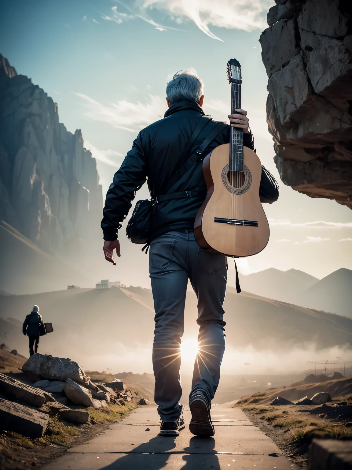 Movie poster style, in the distance you can see the full body of a 65-year-old man with a classical guitar, dressed in full-length autumn clothing walking forward looking at the camera, climbing a hillside, wearing a black baseball cap, glasses. short white hair and short white beard, ((he carries a classical guitar hanging on his back)). Behind the man is a blurry figure of a huge white bird taking flight in the fog. In the background, a dystopian and destroyed desert city. High definition, realistic, intricate details, 32k. Cinematographic poster.