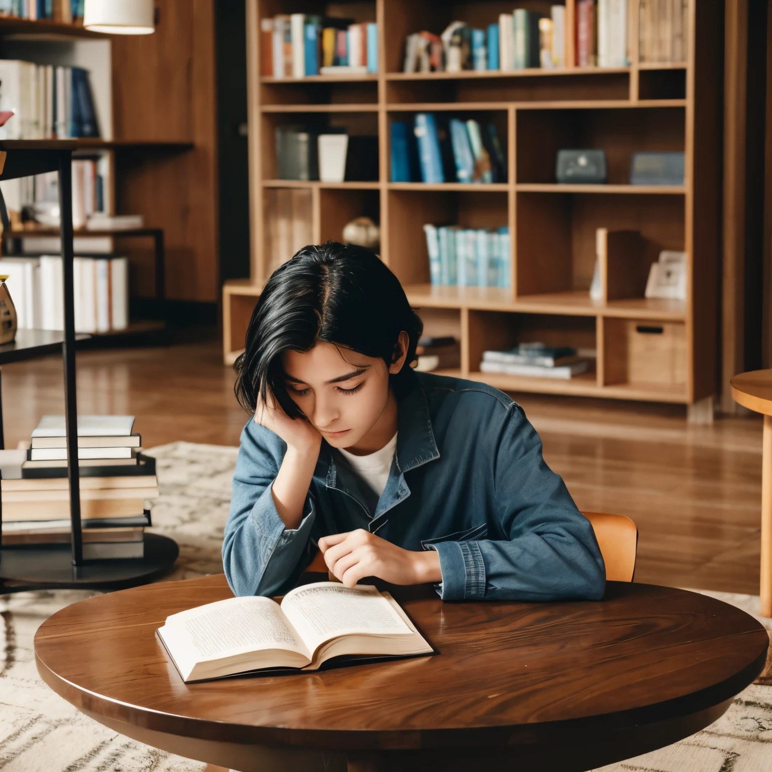 A boy sitting at a table looking down reading his book , slight acne her black hair coving his face, book shelves behind him and othe coffee tables 