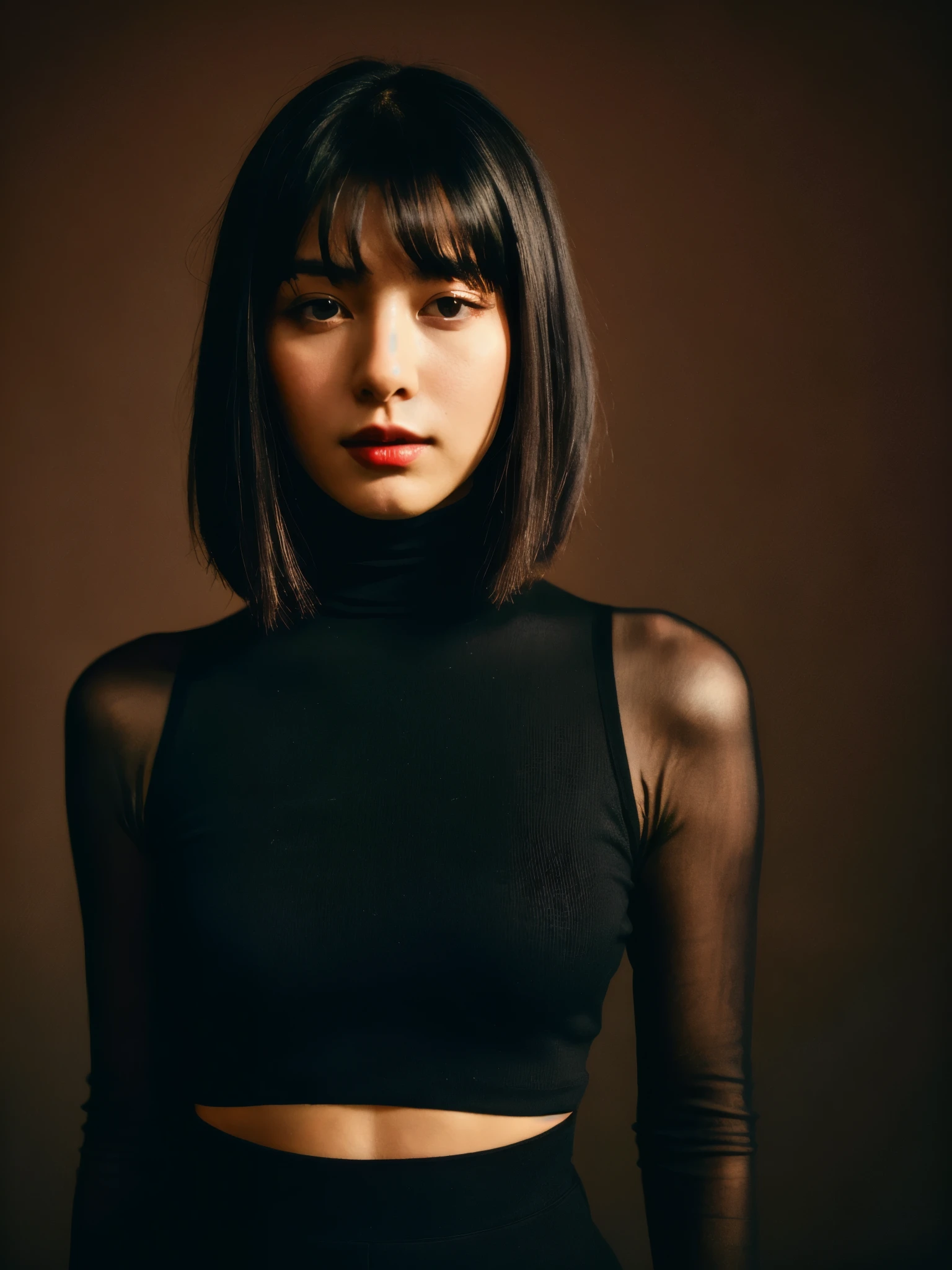 A stunning intricate full color portrait of (sks woman:1), wearing a black turtleneck with cropped in the belly part, cropped turtleneck, dark red plain background, epic character composition, by ilya kuvshinov, alessio albi, nina masic, sharp focus, natural lighting, subsurface scattering, f1.8, 35mm, film grain, black bob hair, (((black hair))), side bang