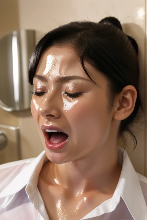 beautiful japanese actress、1 girl,debris flies,,award winning photos, very detailed,face focus, double big eyes(woman with open mouth and closed eyes ), 18-year-old、black hair、shiny skin、(((close up of face)))、realistic nostrils、elongated nasal cavity,、small toilet,squat、((white collared shirt))、big breasts、(sharp nose)frown performance:1.4,,performance,frown,please raise your head、Skin shiny with sweat,oily facial skin,tied hair,Crouching female teacher,、squat、50 degree hot room、Skin shiny with sweat、wet transparent fabric,Sweaty all over my face,Face enduring severe pain、screaming face,Open your mouth wide and scream,public toilet,toilet bowl,bust chart,Upper body