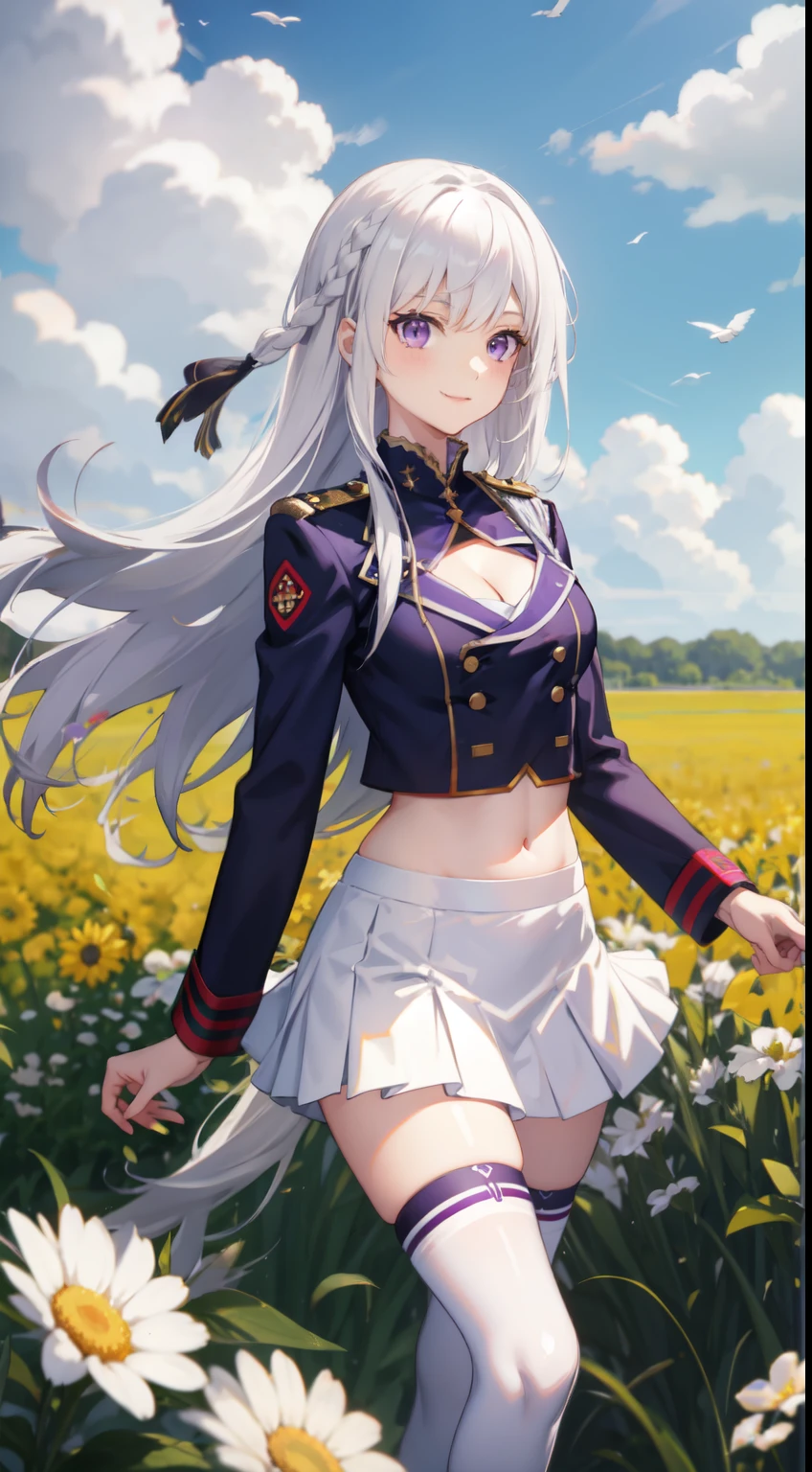 slim legs, cleavage, short skirt, navel, purple eyes, thigh high socks, stand, White hair, long hair, short skirt, happy, military uniform, field