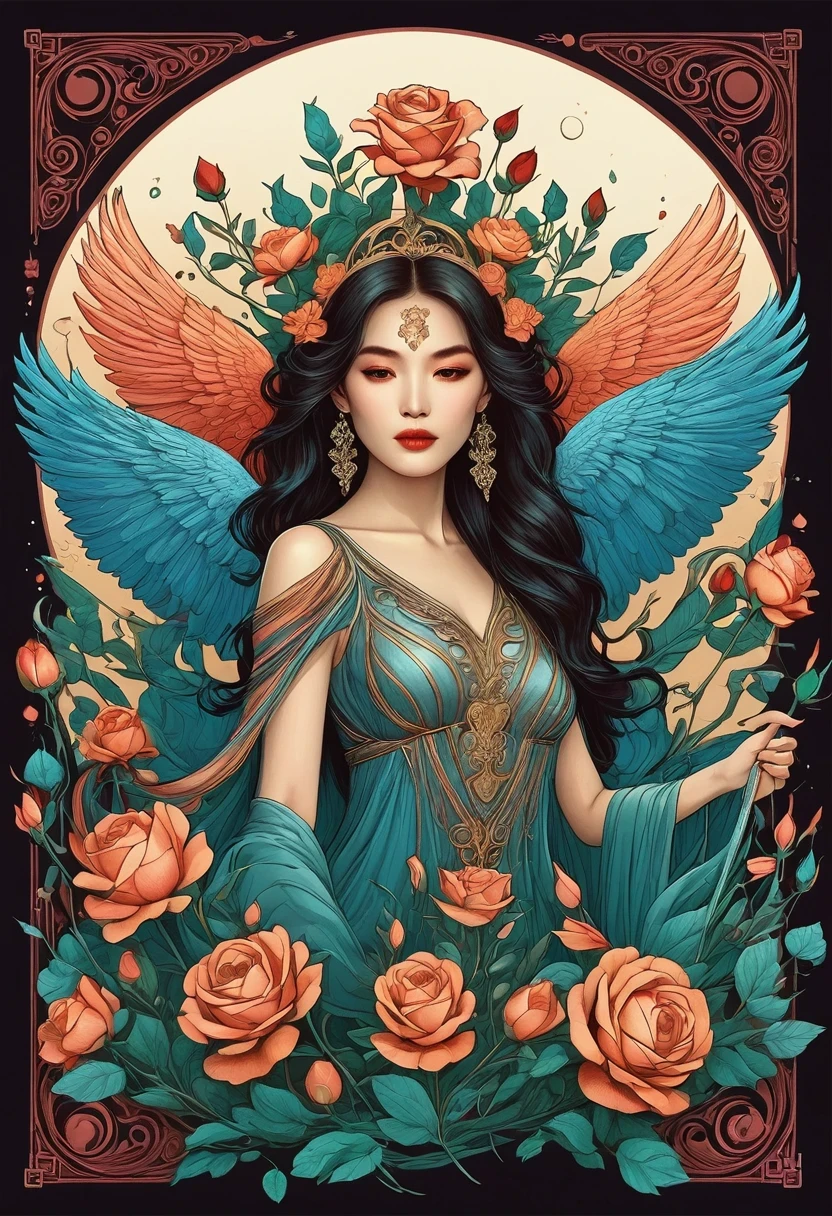 (tarot cards:1.3)，(tarot cards border:1.5)，scepter，Blood，Rose，mask，Minimalism，flyers, Angel-like beautiful woman, singing and dancing, Rose petals, Mexican decoration, God, Angel,
Vector plane, Kaneko, Black, 
Aaron Hawkey, 
masterpiece, ultra high resolution, high quality, vector art