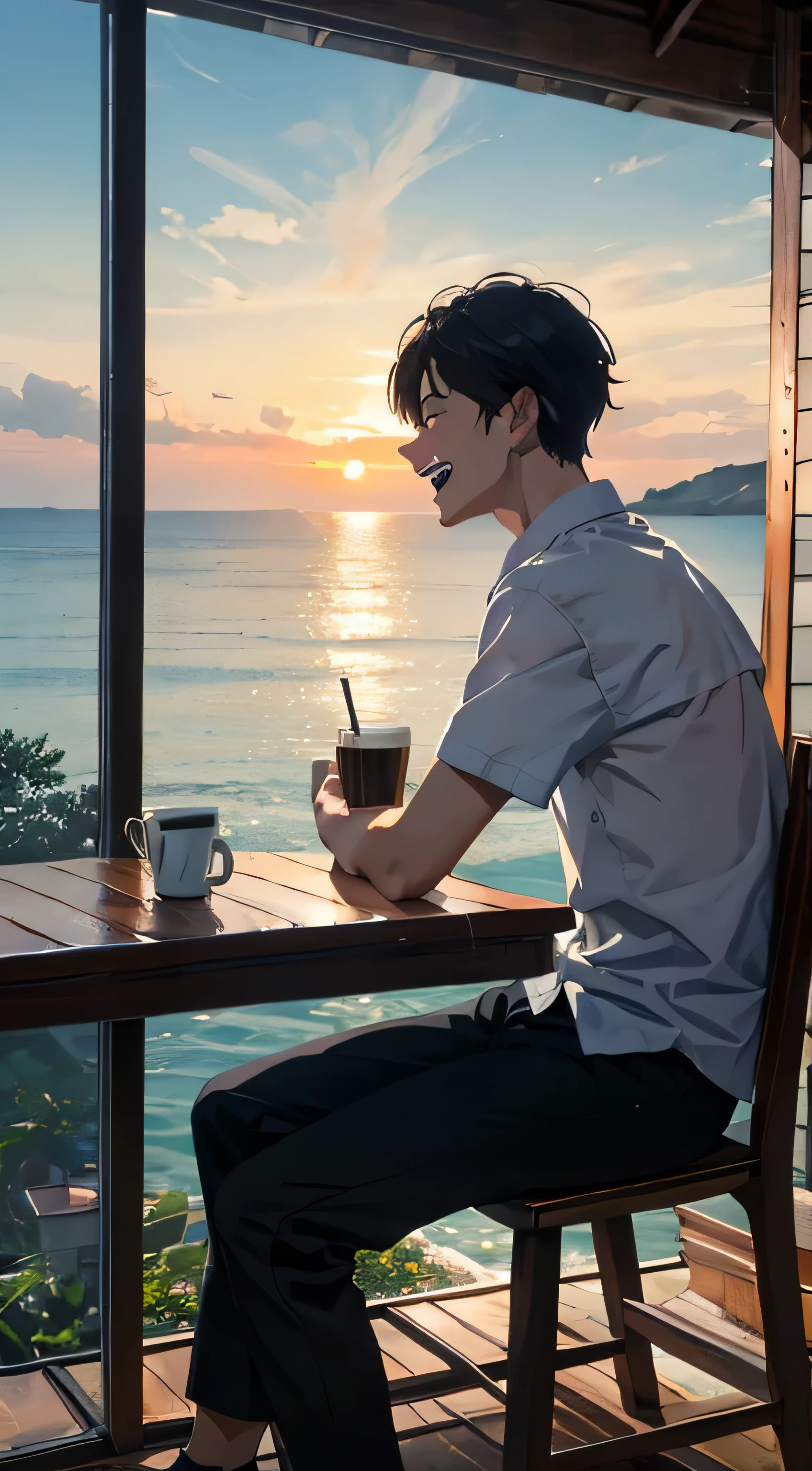Dawn Morning、On a hill with a view of the sea、While sitting in a rocking chair、Wearing a white shirt and black pants、A man drinking coffee while looking at the sea。man laughing out loud。