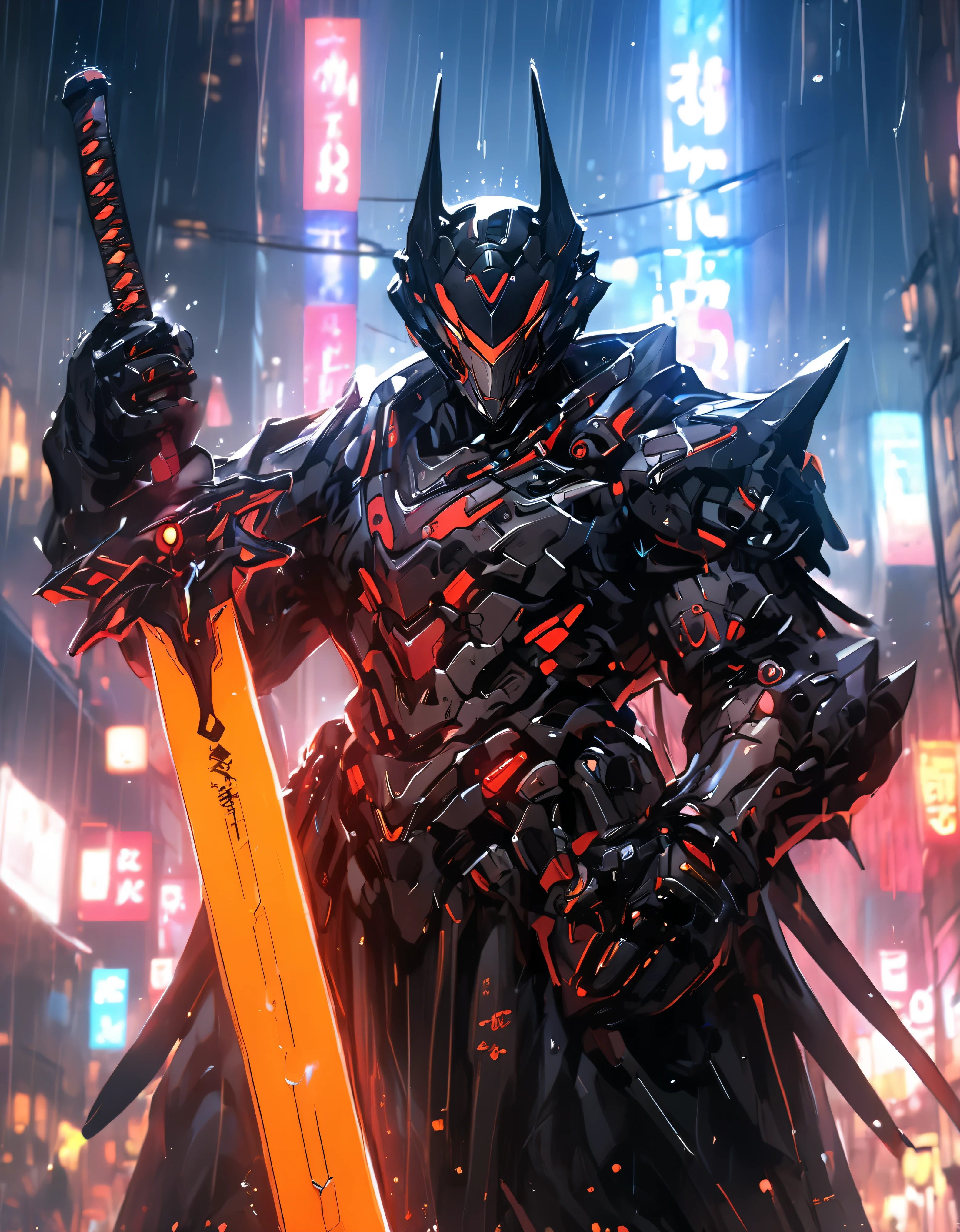 a full view of a cyborg holding a sword, holding a lightsabre. splash art, holographic blade!, mecha asthetic, very beautiful cyberpunk samurai, ultra detailed game art, anime mecha aesthetic, digital cyberpunk anime art, cybernetic art, ethereal and mecha theme, badass anime 8 k, akihiko yoshida. unreal engine((masterpiece)), ((best quality)), 8k, high detailed, ultra-detailed, A cool mecha wearing a V-shaped helmet, dressed in a red and black glowing mech suit, wielding 