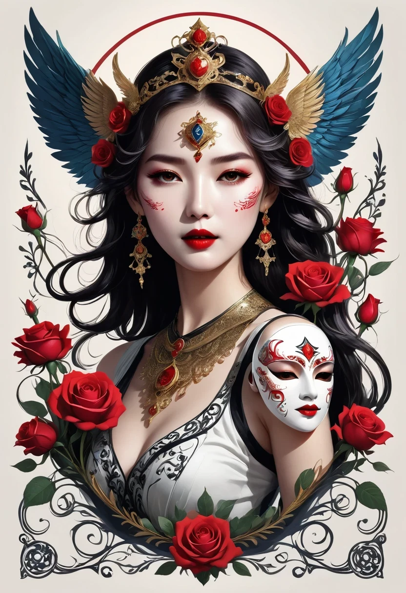 (tarot cards:1.3),(tarot cards border:1.5),scepter,Blood,Rose,mask,Minimalism,flyers, Angel-like beautiful woman, singing and dancing, Rose petals, Mexican decoration, God, Angel,
Vector plane, Kaneko, Black,
Aaron Hawkey,
masterpiece, ultra high resolution, high quality, vector art