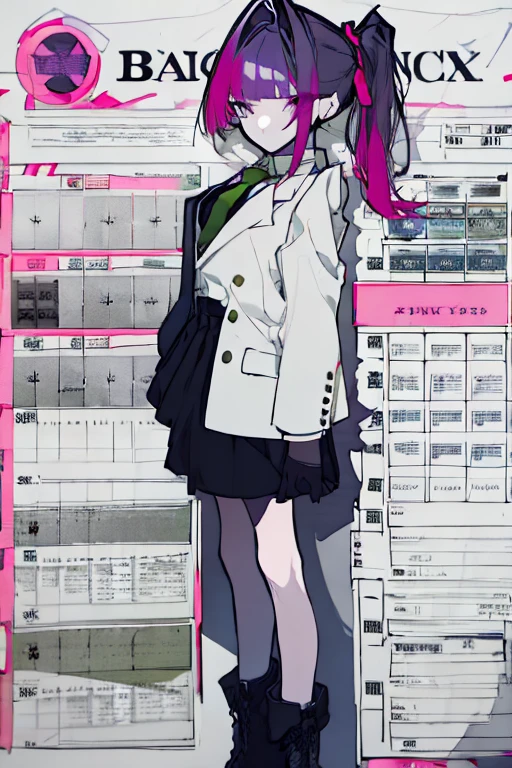 purple eyes, perfect face, pink chopped bangs with Left side long ponytail tied with a ribbon, white blazer with four bottoms with black long sleeve, lapis dark green crossover tie, and black skirt, wearing a boots with knee length stocking standing , character sheet One girl 