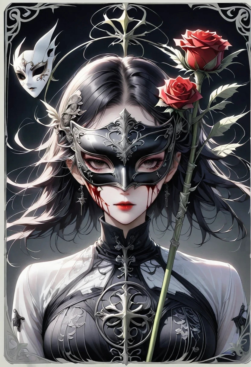 (tarot cards:1.3)，(tarot cards border:1.5)，scepter，Blood，Rose，mask，Minimalism
