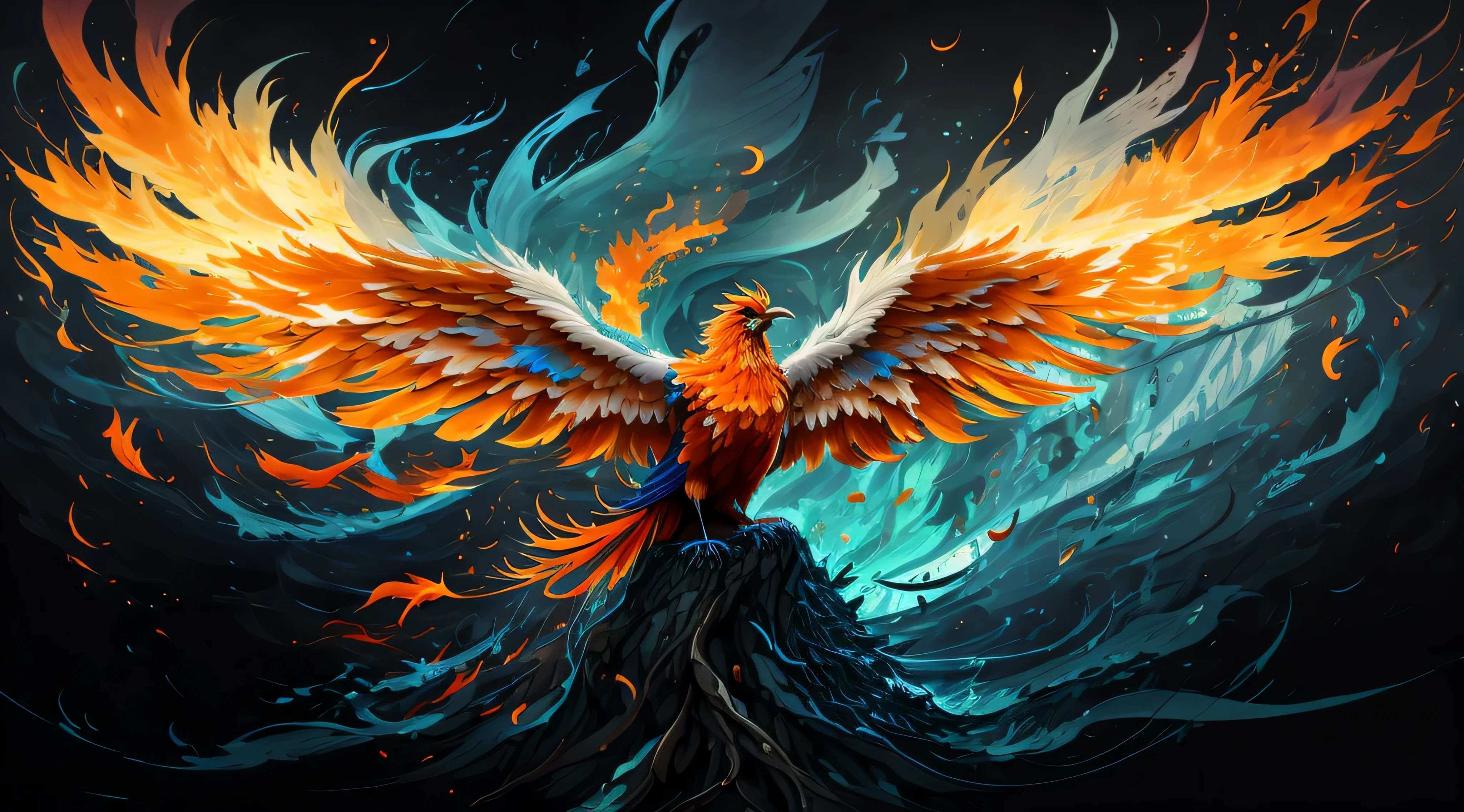 painting of a bird with orange and blue wings flying in the air, artwork of a phoenix, ''wallpaper of a phoenix, phoenix rising from the ashes, phoenix rising, ''wallpaper of a phoenix resting, phoenix in fire, fiery bird, phoenix, 4k highly detailed digital art, phoenix-inspired, 4k detailed digital art, beautiful digital artwork