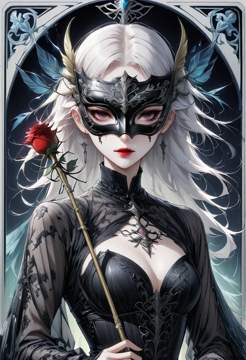 (tarot cards:1.3),(tarot cards border:1.5),scepter,Blood,Rose,mask,Minimalism