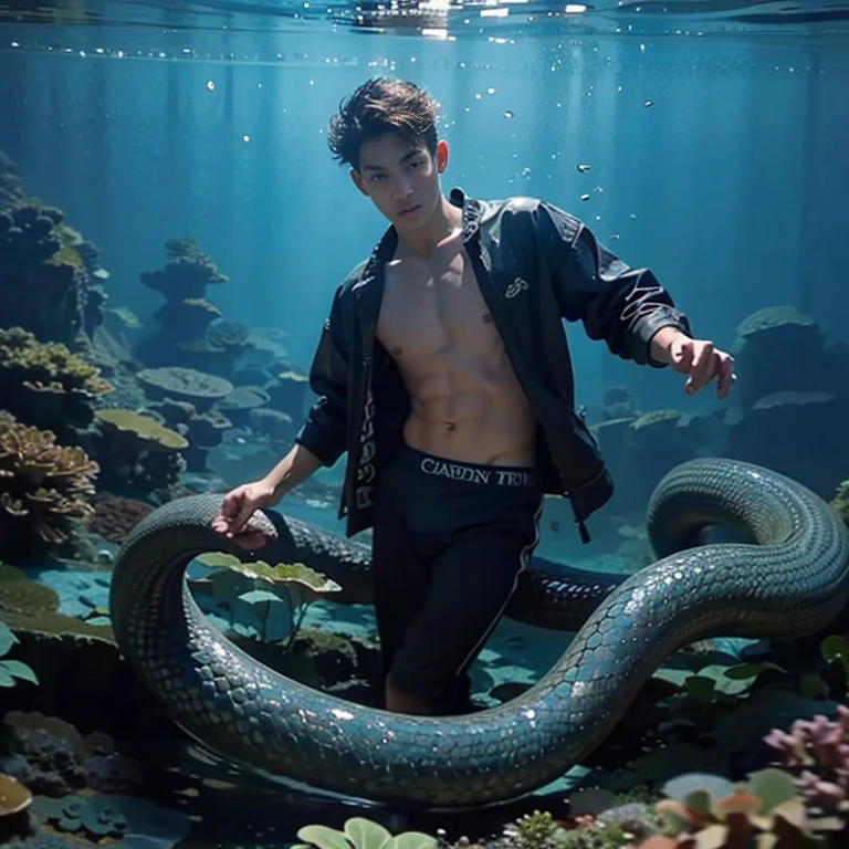 A boy swims at the bottom of the sea,serpent , raised sexy
