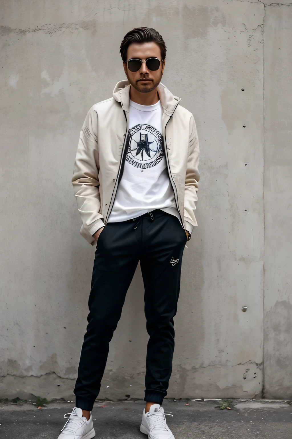 Necesito la imagen de cuerpo completo de un hombre que este usando los siguiente elementos: Chaqueta, Sweater, Lentes de Sol, Pantalon, Guantes y Zapatos Comodos.
