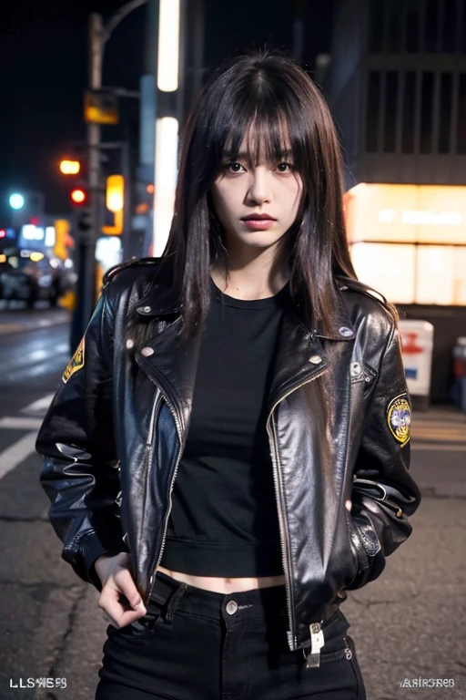 best quality, Masseter muscle film, ultra high resolution, (lifelike:1.4), original photo, professional lighting, High level of image quality, high detail, ​Masterpiece、、Cyberpunk city at night、beautiful female model、Georgia Fowler、Anjo portrait，a beautiful face，With short dark brown hair。she is wearing a leather jacket、black jeans、Dressed in dramatic lighting(badge:1.2)，Dirty face，Blood on the face，Highly detailed eyes，beautiful big eyes，Blood from the corners of the mouth，bloody bandage，(long legs:1.3)，Sweaty legs，BDSM , slavery, (sharp focus:1.2), Very detailed, (lifelike:1.4), (The original image, 8K high resolution:1.2), RAW candid movies, 16 mm, Color graded Portra 400 film, Surreal, subsurface scattering, Ray tracing, (Volumetric lighting)