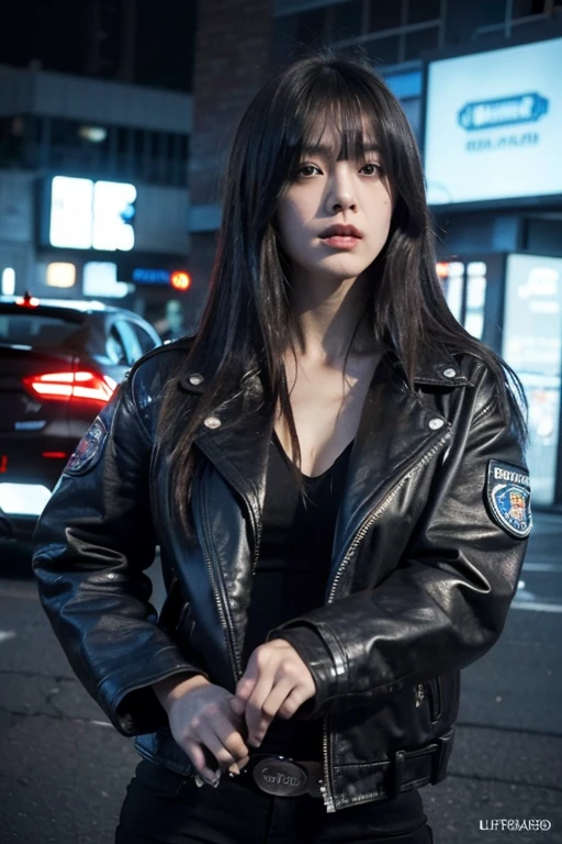 best quality, Masseter muscle film, ultra high resolution, (lifelike:1.4), original photo, professional lighting, High level of image quality, high detail, Masterpiece、、Cyberpunk city at night、beautiful female model、Georgia Fowler、Anjo portrait,a beautiful face,With short dark brown hair。she is wearing a leather jacket、black jeans、Dressed in dramatic lighting(badge:1.2),Dirty face,Blood on the face,Highly detailed eyes,beautiful big eyes,Blood from the corners of the mouth,bloody bandage,(long legs:1.3),Sweaty legs,BDSM , slavery, (sharp focus:1.2), Very detailed, (lifelike:1.4), (The original image, 8K high resolution:1.2), RAW candid movies, 16 mm, Color graded Portra 400 film, Surreal, subsurface scattering, Ray tracing, (Volumetric lighting)