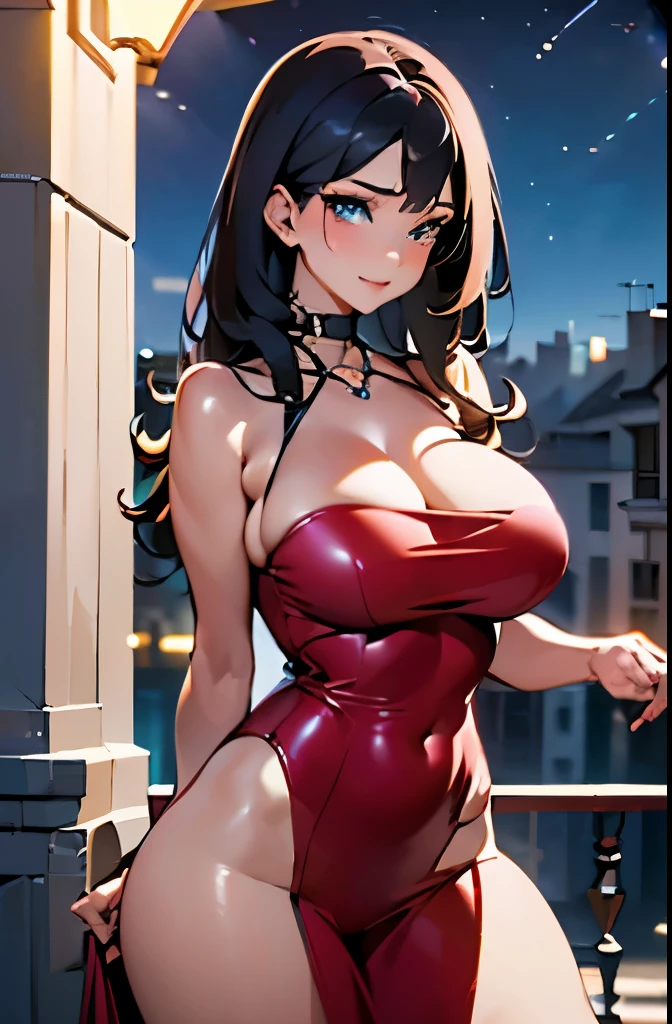 full body, realisticlying, Big breasts, she is a Milf, Busty ((beautiful and cute 30 years old)), ((black hair, with wavy bangs)), double eyelids, blue eyes, clear and detailed, hyper detailed, light effect on the eyes, iris detailed, sensual body, perfect waist, ((beautiful red dress with a strap around the neck, cool, cleavage)) , ((masterpiece, hyper realistic, hyper detailed, best quality, 16k, light and shadow on the skin, vivid colors) ), eyeliner, sensual expression, perfect lips, innocent and sexy face, ((skin with light and shadow), beautifully seductive and embarrassed, perfect pink lips, sensual expression, naughty smile ((she is a beautiful milf)), flirting with the viewer, on the street, sensual pose, ((on the building's balcony)), ((night, lamps on the column))