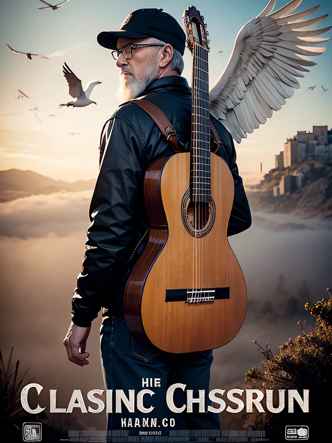 Movie poster style, in the distance you can see the full body of a 65-year-old man with a classical guitar, dressed in full-length autumn clothing walking forward looking at the camera, climbing a hillside, wearing a black baseball cap, glasses. short white hair and short white beard, ((he carries a classical guitar hanging on his back)). Behind the man is a blurry figure of a huge white bird taking flight in the fog. In the background, a dystopian and destroyed desert city. High definition, realistic, intricate details, 32k. Cinematographic poster.