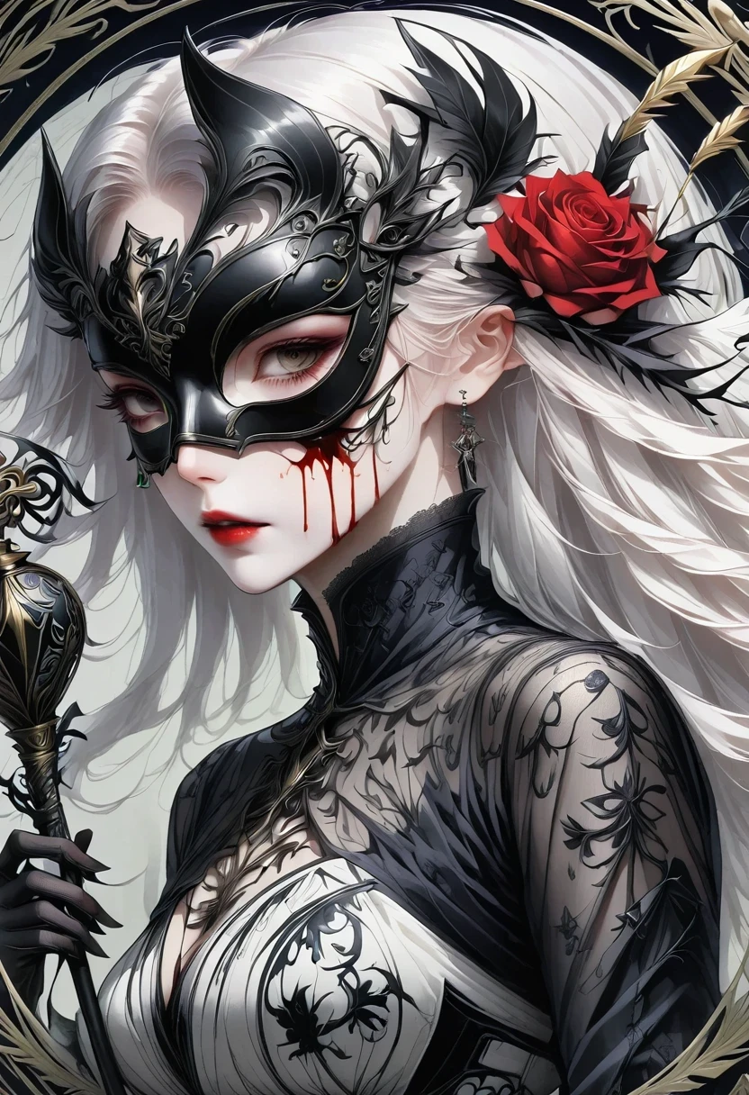 (tarot cards:1.3),(tarot cards border:1.5),scepter,Blood,Rose,mask,Minimalism