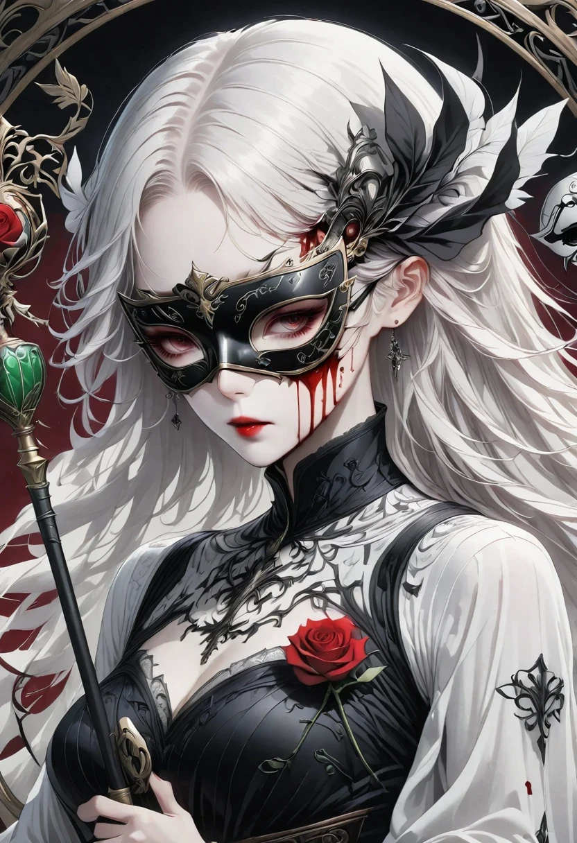 (tarot cards:1.3),(frame:1.5),scepter,Blood,Rose,mask,Minimalism