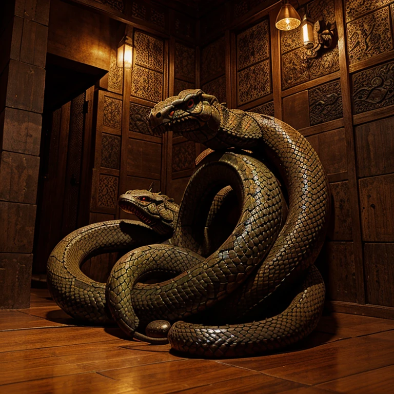 Create a monster inspired by Thai temples, snakes, brown color, bats.