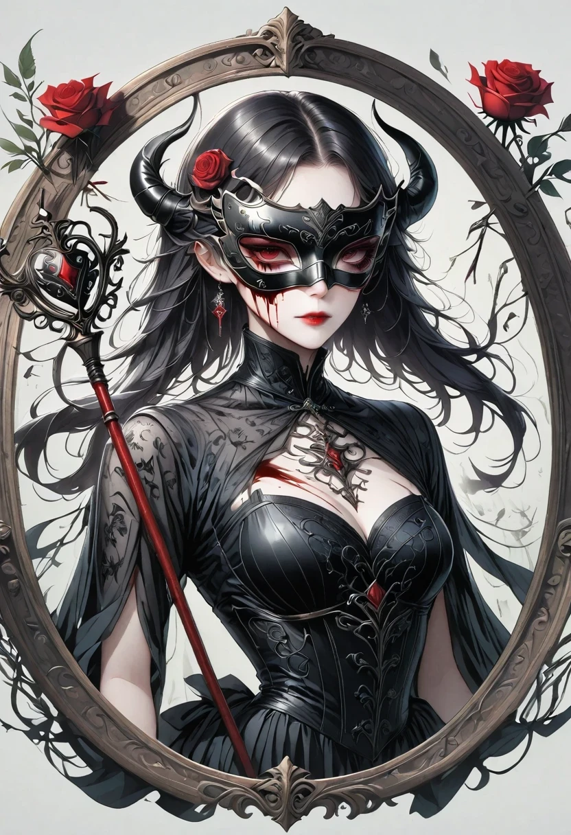 (tarot cards:1.3),(frame:1.5),scepter,Blood,Rose,mask,Minimalism