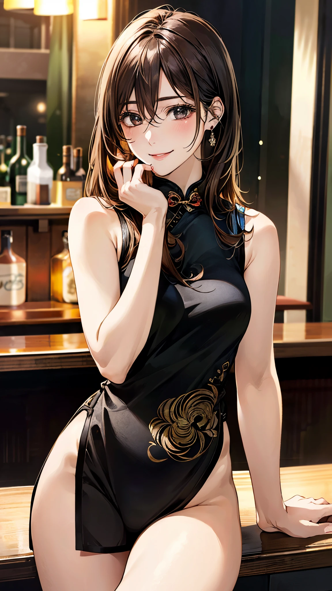 (masterpiece:1.3, top-quality, ultra high res, ultra detailed), (realistic, photorealistic:1.4), beautiful illustration, perfect lighting, natural lighting, colorful, depth of fields, surrealism,
looking at viewer, 1 girl, 16 years old, 7 headed body, perfect face, (perfect anatomy), cute and symmetrical face, baby face, shiny skin, (Ideal ratio body proportions),
(long hair:1.7, straight hair:1.5, brown hair), hair between eyes, black eyes, long eye lasher, (large breasts:1.2, seductive thighs), slender, small buttocks, skinny legs,
beautiful hair, beautiful face, beautiful detailed eyes, beautiful clavicle, beautiful body, beautiful chest, beautiful thigh, beautiful legs, beautiful fingers,
((sleeveless black mini cheongsam)), high heels, anklets
(beautiful scenery), evening, (bar counter), (smile:1.5, happiness),