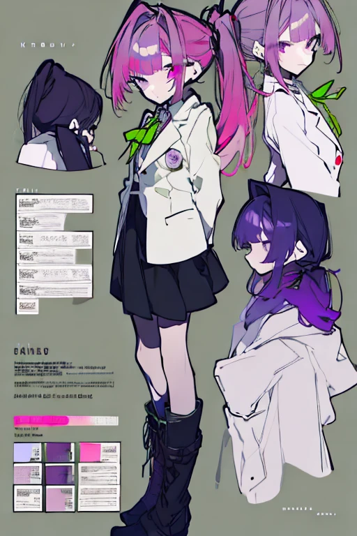purple eyes, perfect face, pink chopped bangs with Left side long ponytail tied with a ribbon, white blazer with four bottoms with black long sleeve, lapis dark green crossover tie, and black skirt, wearing a boots with knee length stocking standing , character sheet side view, One girl