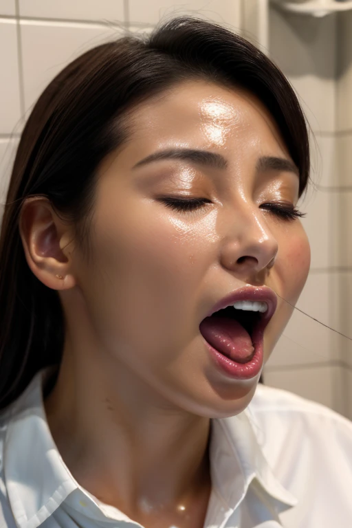 beautiful japanese actress、1 girl,debris flies,,award winning photos, very detailed,face focus, double big eyes(woman with open mouth and closed eyes ), 18-year-old、black hair、shiny skin、(((close up of face)))、realistic nostrils、elongated nasal cavity,、small toilet,squat、((white collared shirt))、big breasts、(sharp nose)frown performance:1.4,,performance,frown,please raise your head、Skin shiny with sweat,oily facial skin,tied hair,Crouching female teacher,、squat、50 degree hot room、Skin shiny with sweat、wet transparent fabric,Sweaty all over my face,Face enduring severe pain、screaming face,Open your mouth wide and scream,public toilet,toilet bowl,bust chart,Upper body