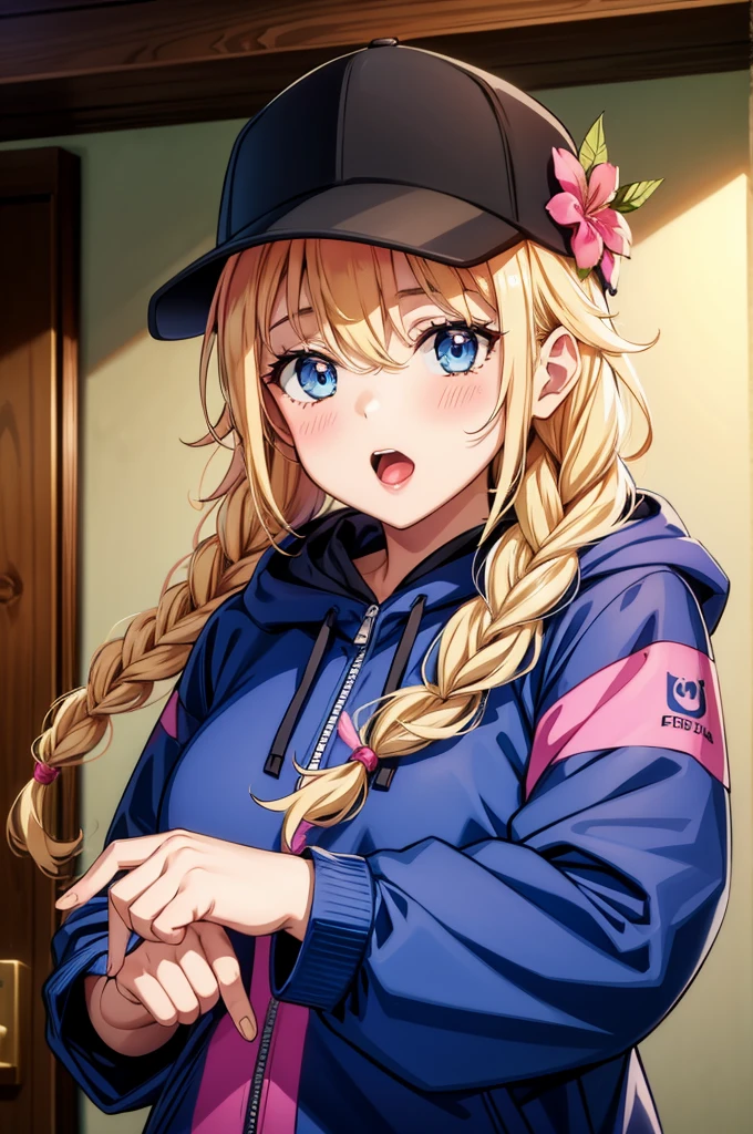 a close up of young girl with blue hair and pink jacket doing a weird pose, 1girl, solo, hat, braid, blue eyes, blonde hair, hair ornament, baseball cap, open mouth, black headwear, twin braids, long hair, flower, looking at viewer, upper body, hair flower, jacket, hood down, hood, long sleeves, bangs, breasts, blush, hair between eyes, hand up, indoors