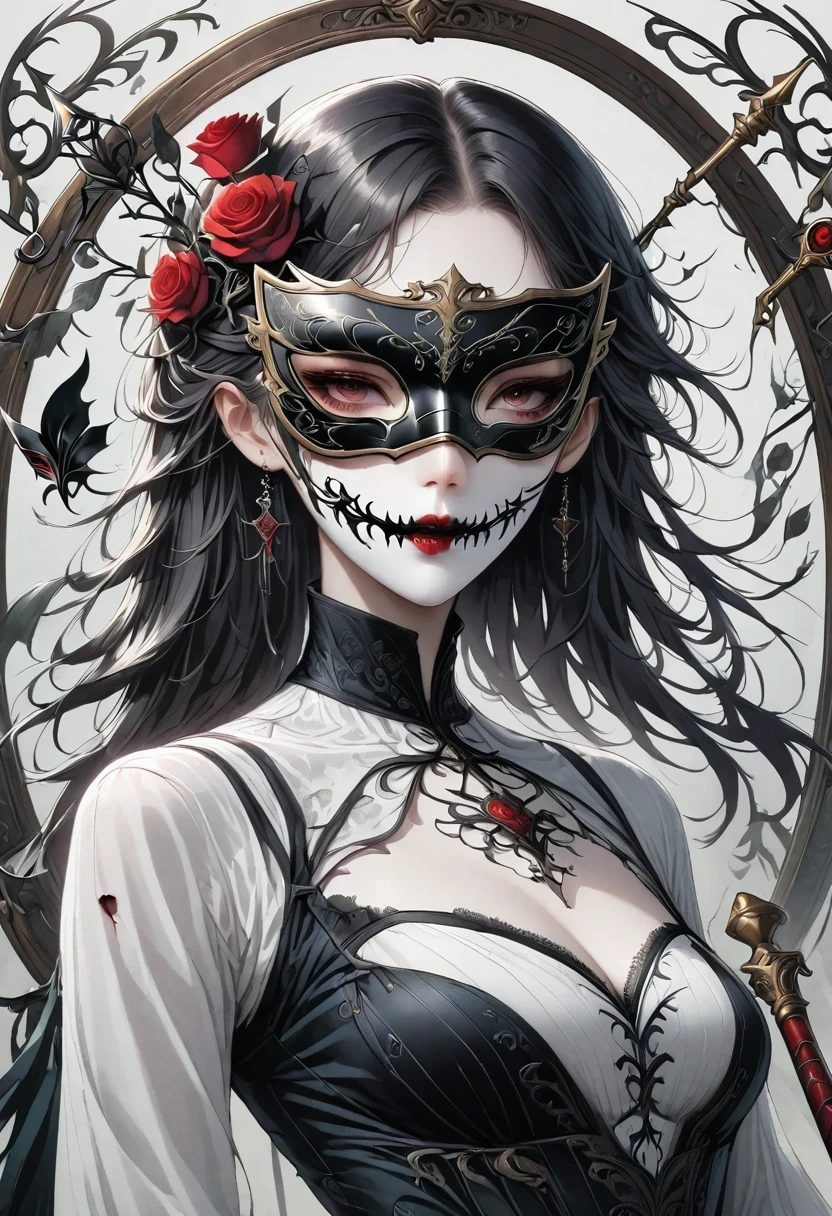 (tarot cards:1.3),(frame:1.5),scepter,Blood,Rose,mask,Minimalism