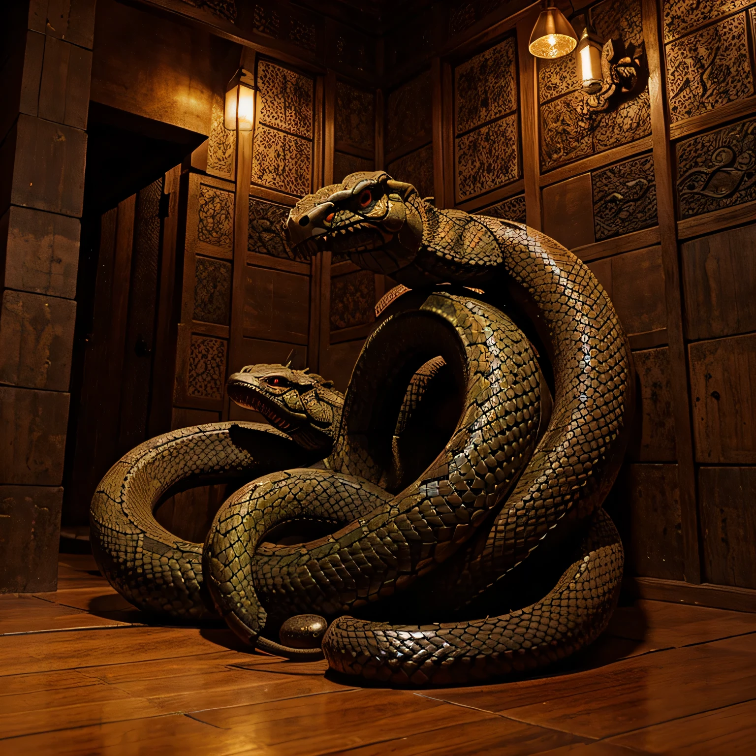 Create a monster inspired by Thai temples, snakes, brown color, bats.