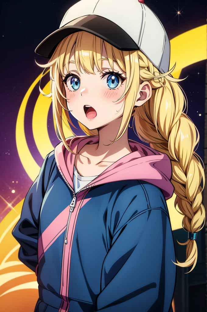 an anime style character in a baseball jacket with wide eyes and surprised face, 1girl, solo, blue eyes, open mouth, braid, blonde hair, hat, jacket, looking at viewer, long hair, baseball cap, blush, white headwear, hair ornament, collarbone, bangs, upper body