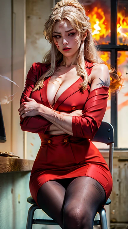 balalaika, masterpiece, highest quality, disorganized, 1 girl, looking at the viewer, indoors, office, sunset, Severe, crossed arms, Chair, sitting, red suit, pencil skirt, pantyhose, (Burn scars:1.5), mole under eye, Upper body