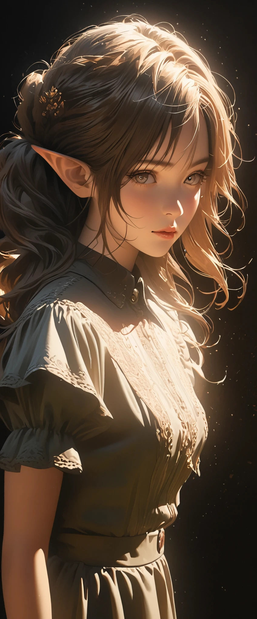 illustration,painting,acrylic painting,Rich details,Super small elf girl,spotlight effect,full body portrait,black background,Real light and shadow contrast,Realistic ray tracing,True light falloff,True light reflection,anti-aesthetic style,Poodlepunk,Snapshot aesthetic style ,
